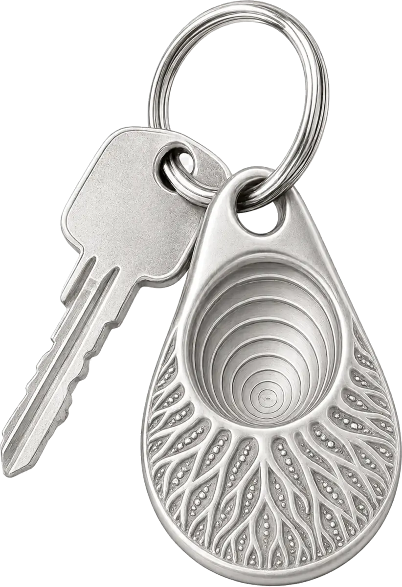 ROOTED grounding tool attached to a keyring with keys